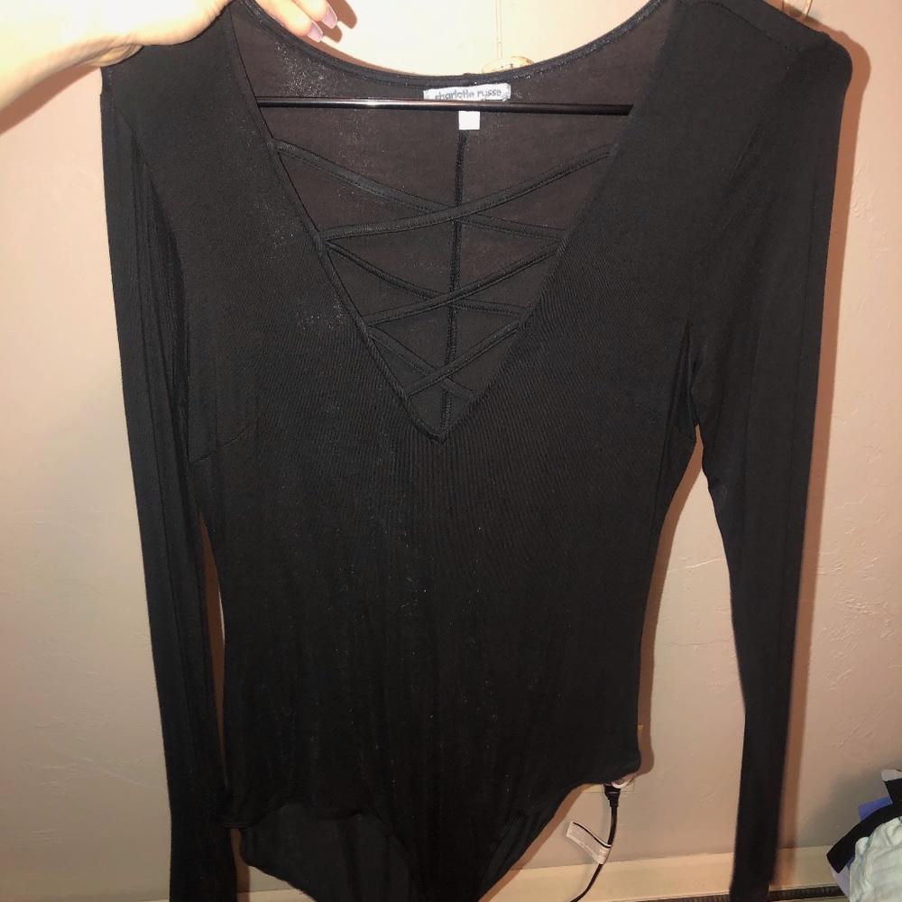 long sleeve body suit, low neck with criss cross